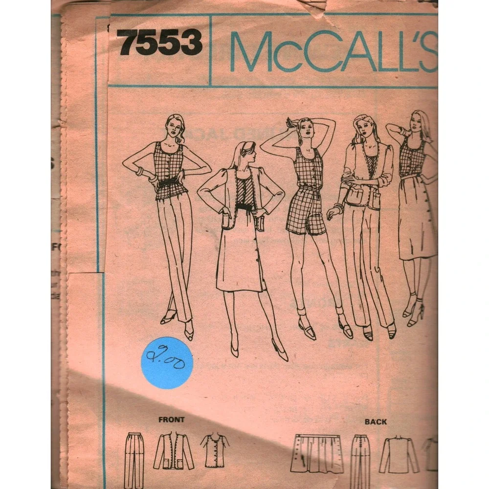 Vintage McCall's 7553 Sewing Pattern Jacket Top Skirt Shorts Pants 1980s Retro